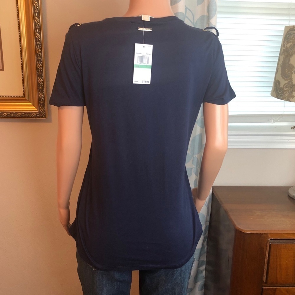 MICHAEL Michael Kors Navy Blue Lace-Up Shoulder Top with Gold Grommets - Picture 7 of 10
